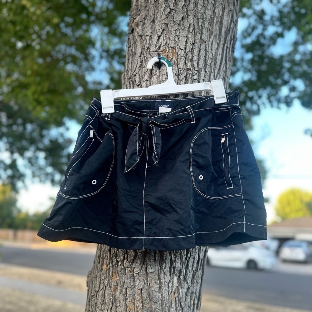 Nautica Black Mini Skirt with White Accents, Tie Belt and Utility Pockets
